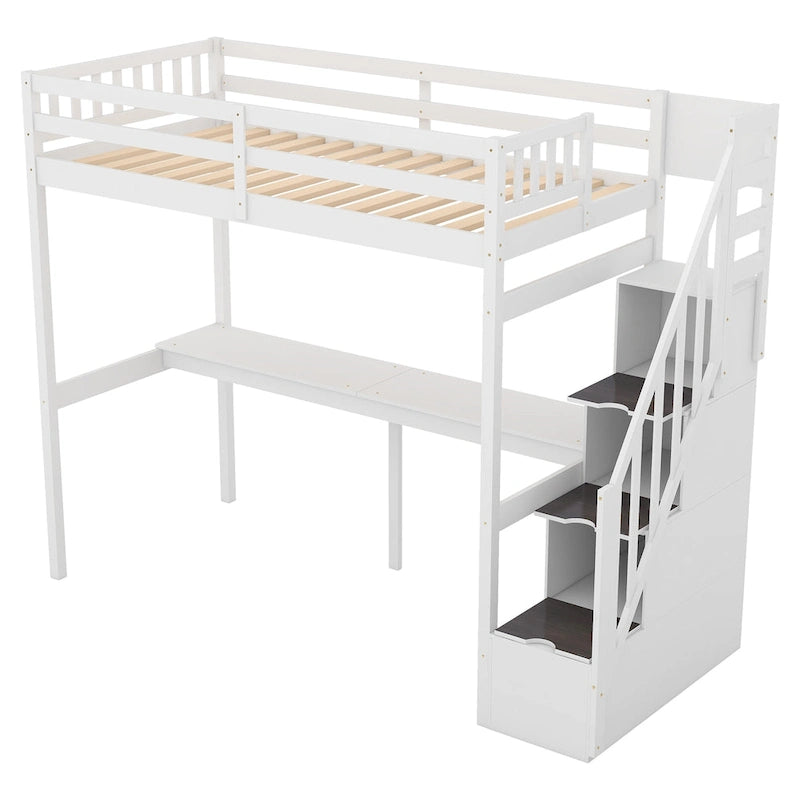 Letto rialzato con scala contenitore e scrivania integrata
