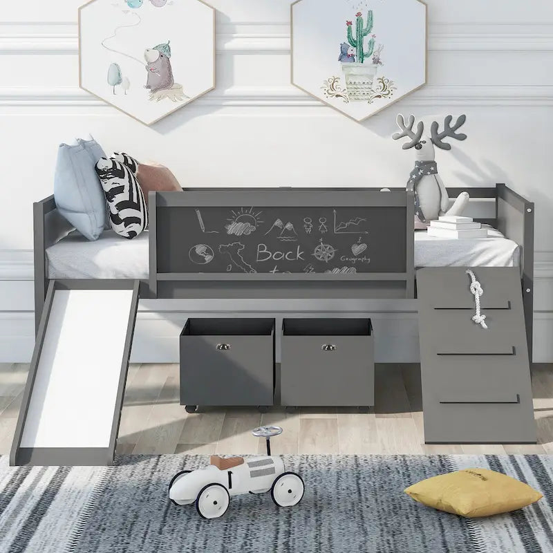 Loft Bed Wood Bed with 2 Storage Boxes