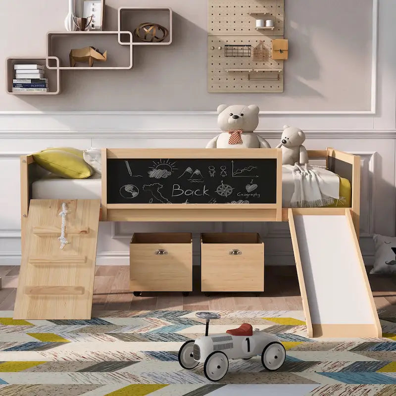 Loft Bed Wood Bed with 2 Storage Boxes