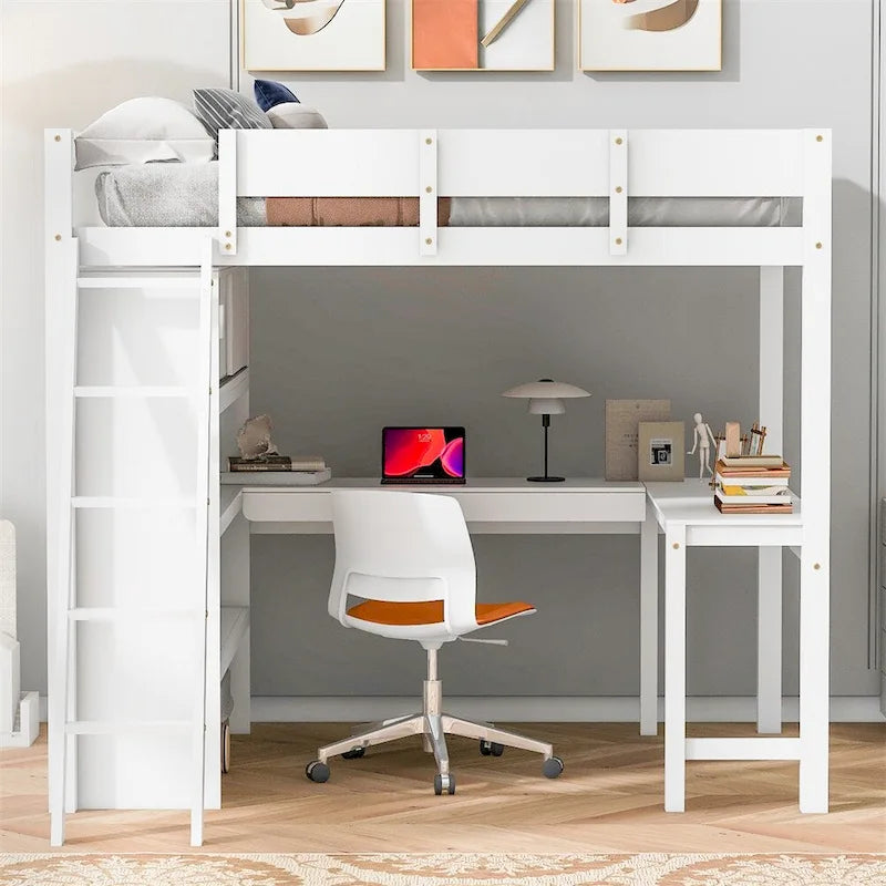 Full Size Wood Loft Bed with Desk and Shelf,Guardrail