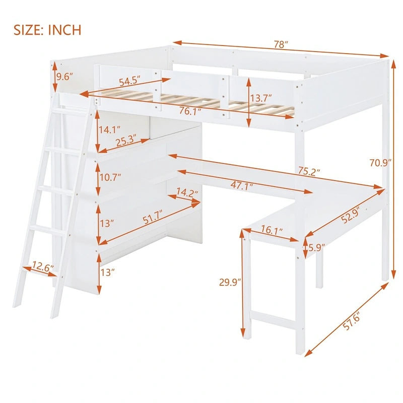 Full Size Wood Loft Bed with Desk and Shelf,Guardrail