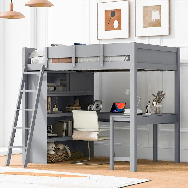 Full Size Wood Loft Bed with Desk and Shelf,Guardrail
