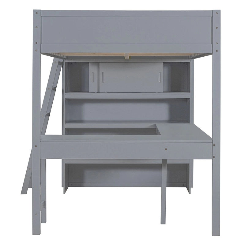 Full Size Wood Loft Bed with Desk and Shelf,Guardrail