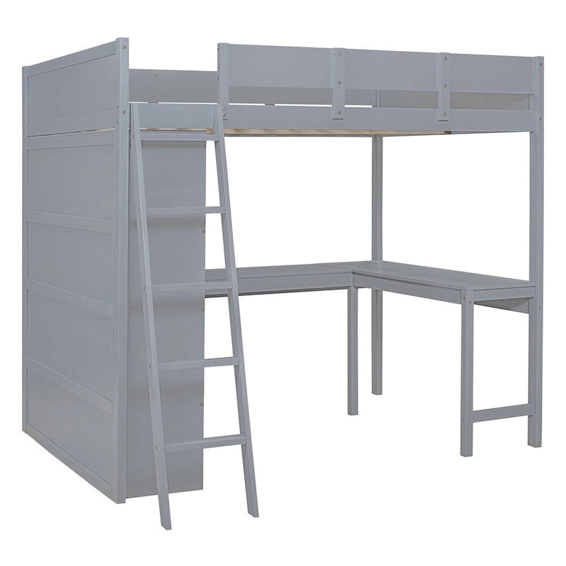 Full Size Wood Loft Bed with Desk and Shelf,Guardrail