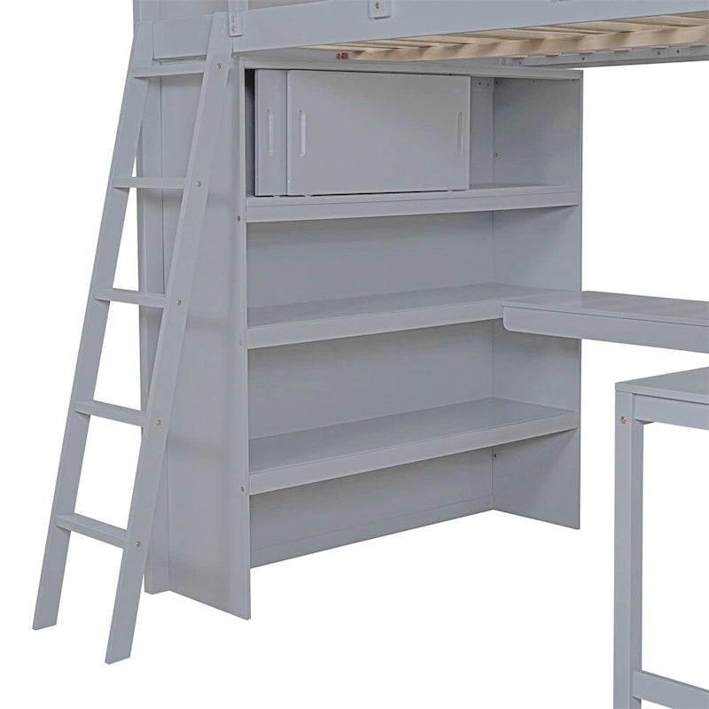 Full Size Wood Loft Bed with Desk and Shelf,Guardrail