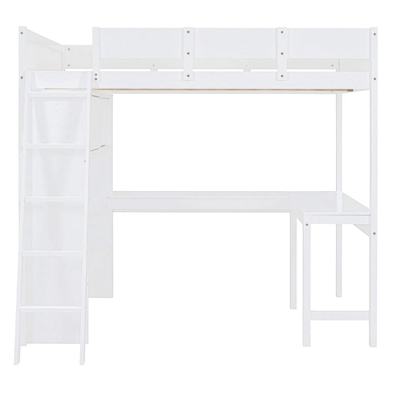Full Size Wood Loft Bed with Desk and Shelf,Guardrail