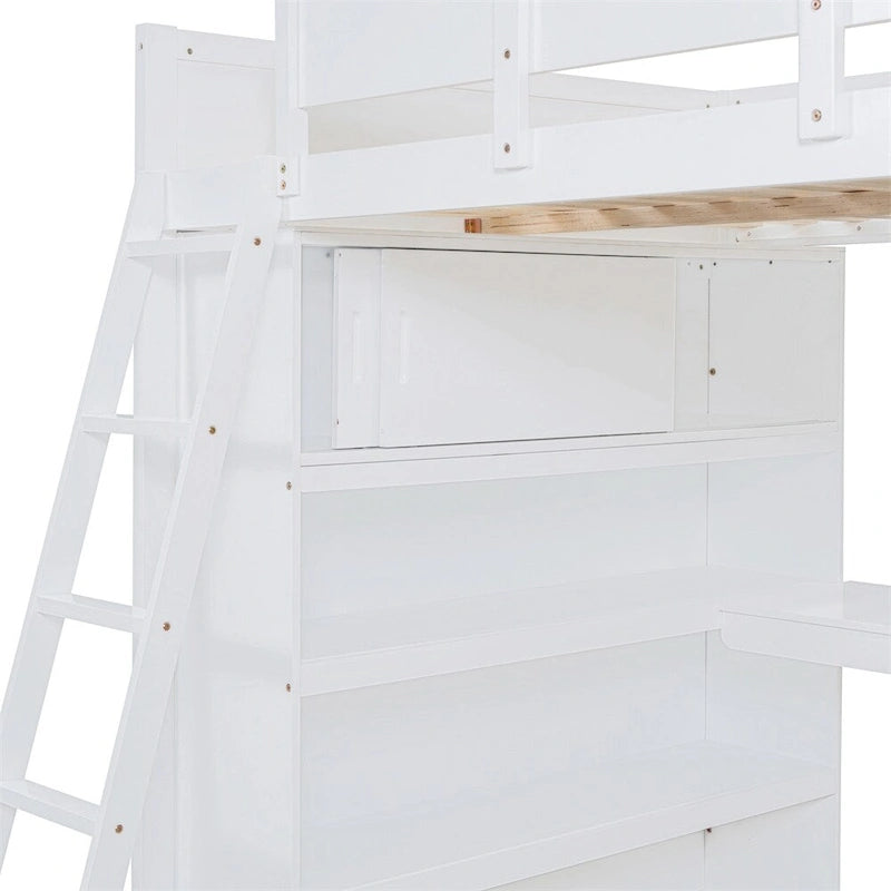 Full Size Wood Loft Bed with Desk and Shelf,Guardrail