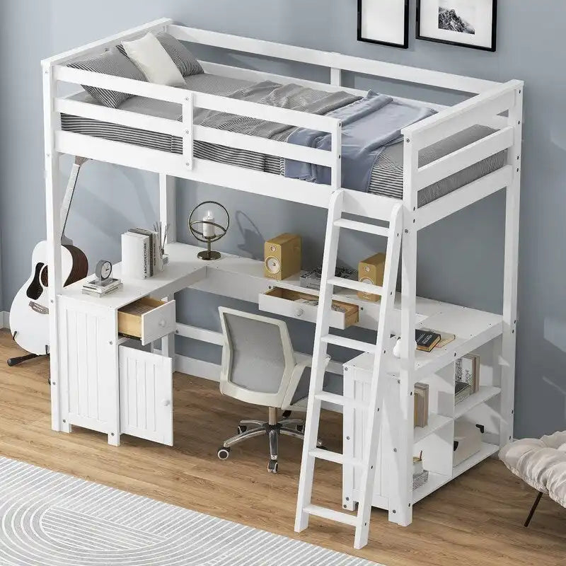 Hochbett für zwei Personen mit U-förmigem Schreibtisch, Schrank und Stauraumregalen