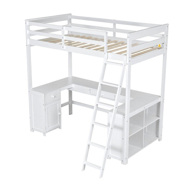 Hochbett für zwei Personen mit U-förmigem Schreibtisch, Schrank und Stauraumregalen