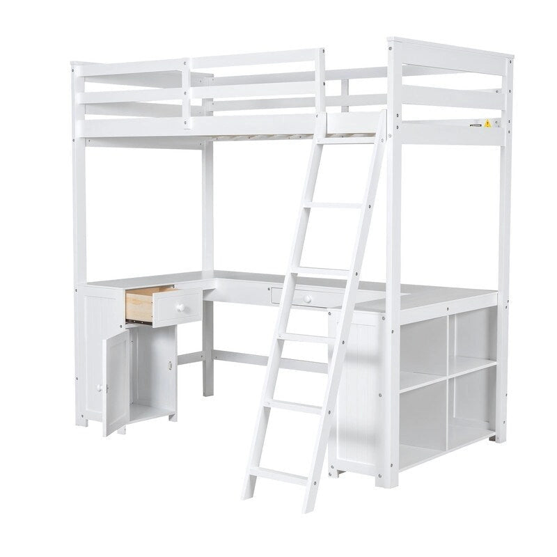 Twin Size Loft Bed with U-shaped Desk, Cabinet and Storage Shelves