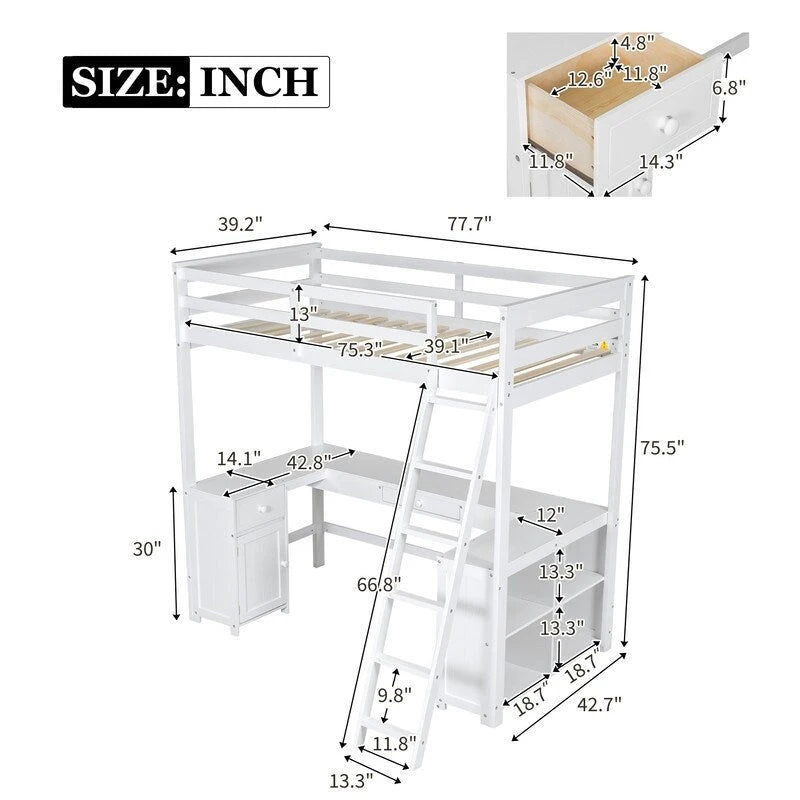 Hochbett für zwei Personen mit U-förmigem Schreibtisch, Schrank und Stauraumregalen