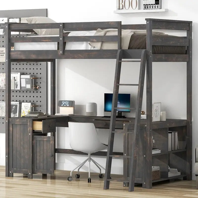 Hochbett für zwei Personen mit U-förmigem Schreibtisch, Schrank und Stauraumregalen
