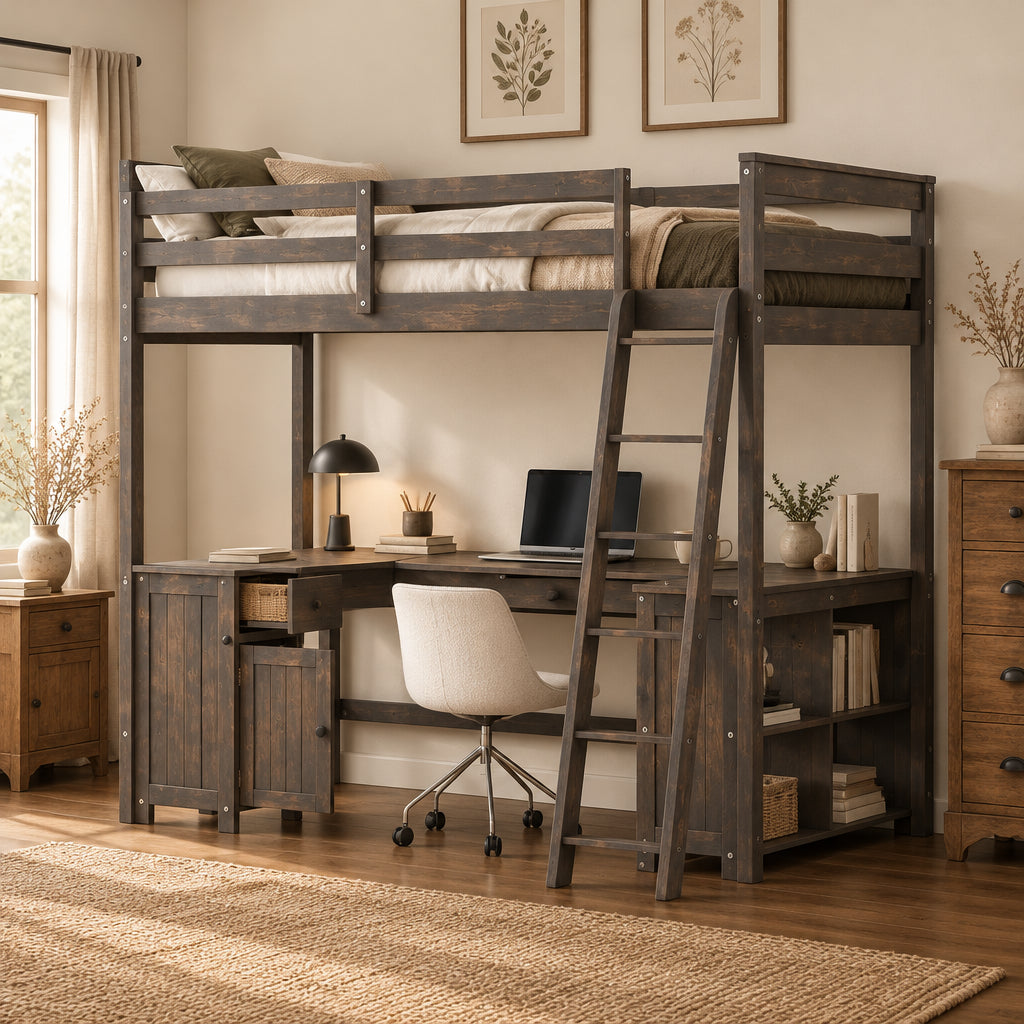 Twin Size Loft Bed with U-shaped Desk, Cabinet and Storage Shelves