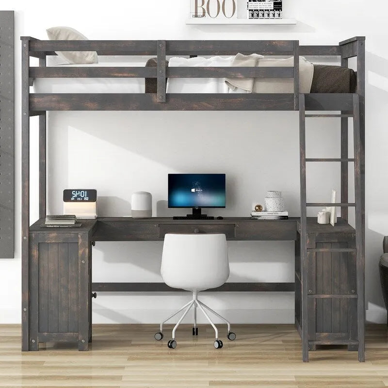Hochbett für zwei Personen mit U-förmigem Schreibtisch, Schrank und Stauraumregalen