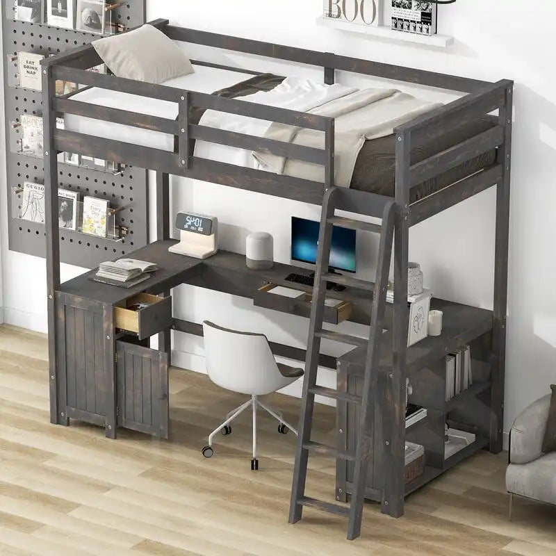 Hochbett für zwei Personen mit U-förmigem Schreibtisch, Schrank und Stauraumregalen