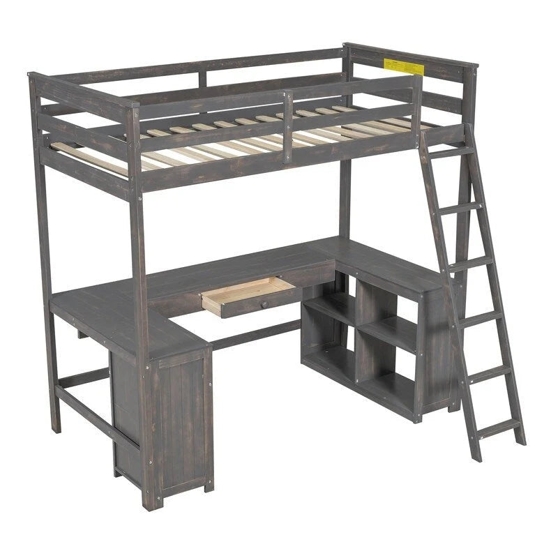 Hochbett für zwei Personen mit U-förmigem Schreibtisch, Schrank und Stauraumregalen