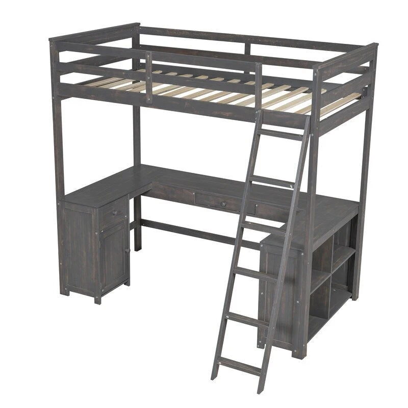Hochbett für zwei Personen mit U-förmigem Schreibtisch, Schrank und Stauraumregalen