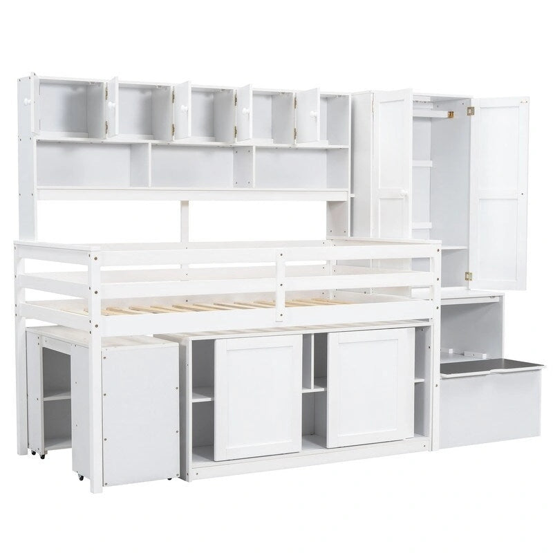 Twin-Size-Hochbett aus Holz mit großem Stauraum, Schreibtisch unter dem Bett, Schubladen und Ablagen