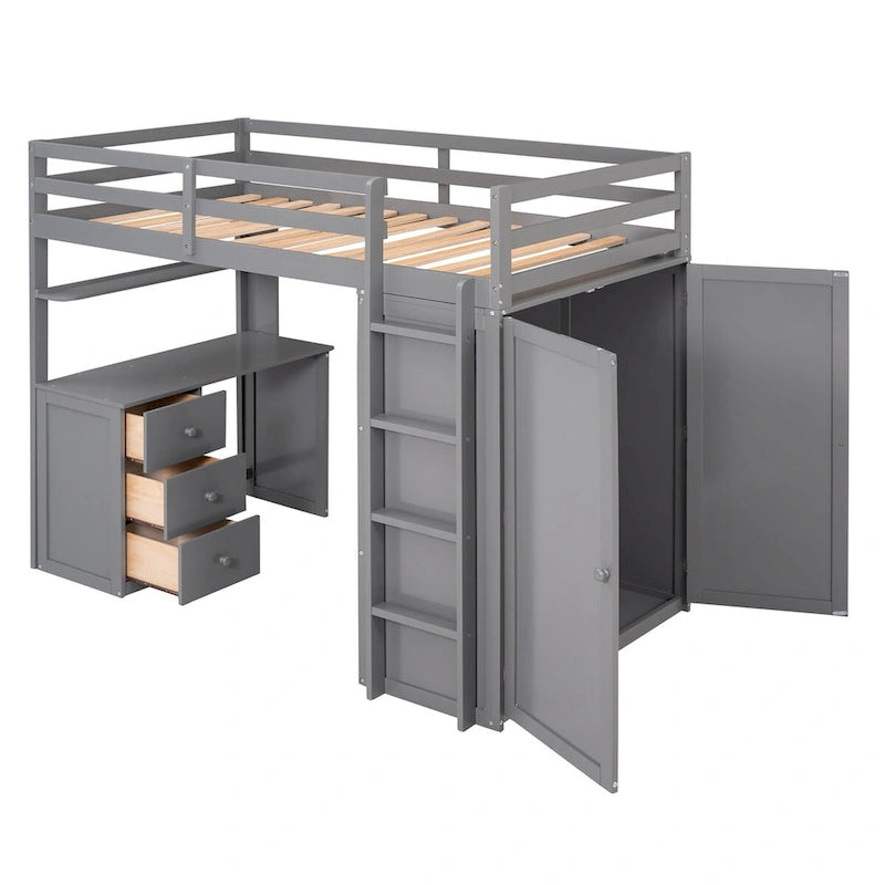 Multifunktionales Twin-/Full-Hochbett mit Schubladen, Schreibtisch und Kleiderschrank