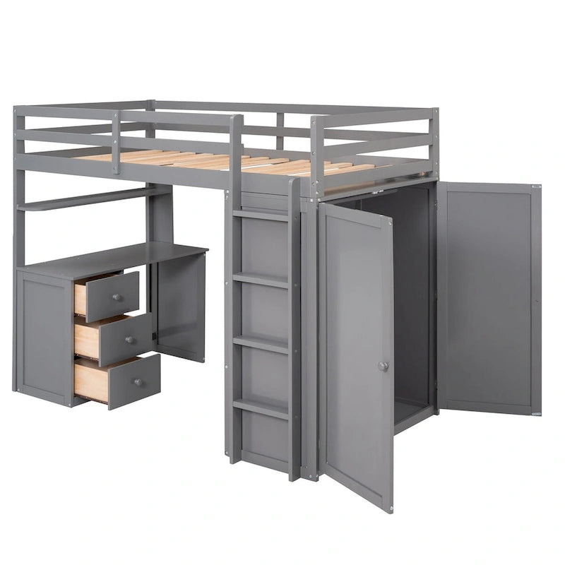 Multifunktionales Twin-/Full-Hochbett mit Schubladen, Schreibtisch und Kleiderschrank