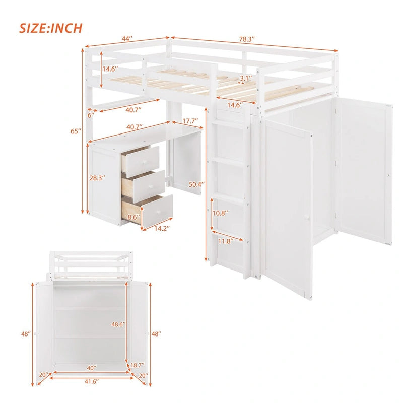 Multi-Functional Twin/Full Loft Bed with Drawers, Desk, and Wardrobe