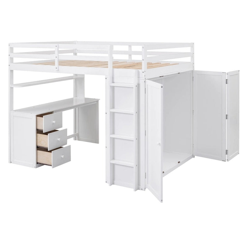 Multifunktionales Twin-/Full-Hochbett mit Schubladen, Schreibtisch und Kleiderschrank