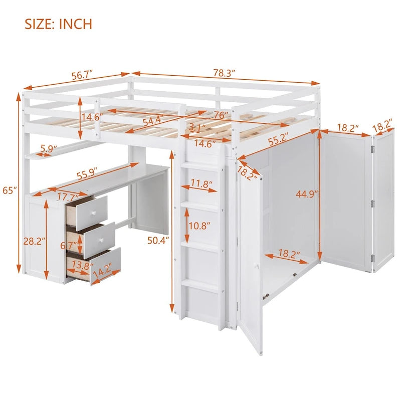 Multifunktionales Twin-/Full-Hochbett mit Schubladen, Schreibtisch und Kleiderschrank