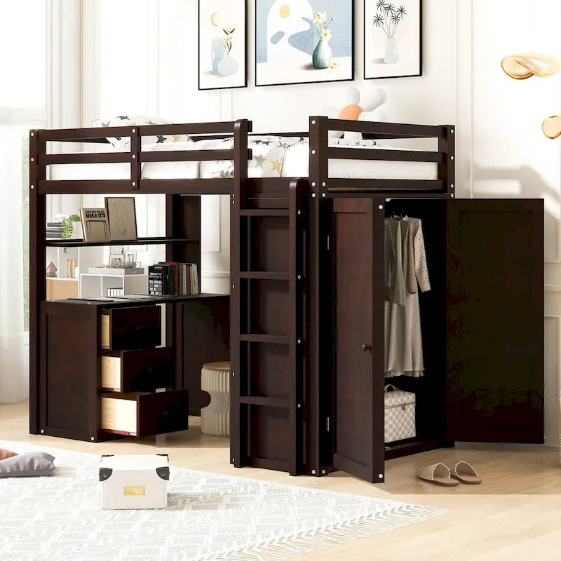 Multifunktionales Twin-/Full-Hochbett mit Schubladen, Schreibtisch und Kleiderschrank