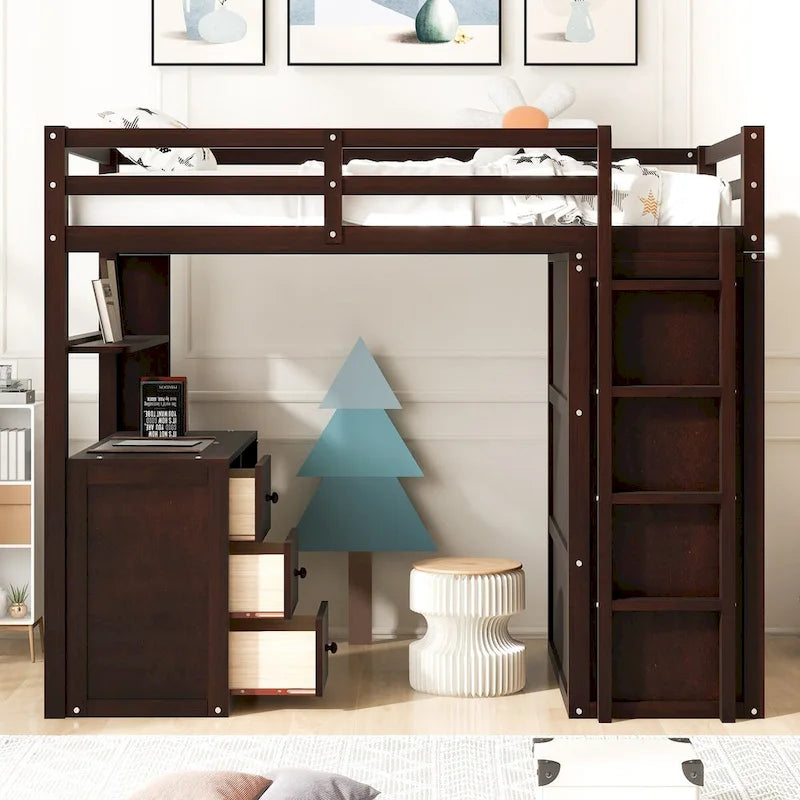 Multifunktionales Twin-/Full-Hochbett mit Schubladen, Schreibtisch und Kleiderschrank