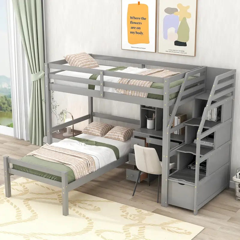 Hochbett mit freistehendem Bett, Stauraumtreppe, Schreibtisch, Regalen und Schubladen