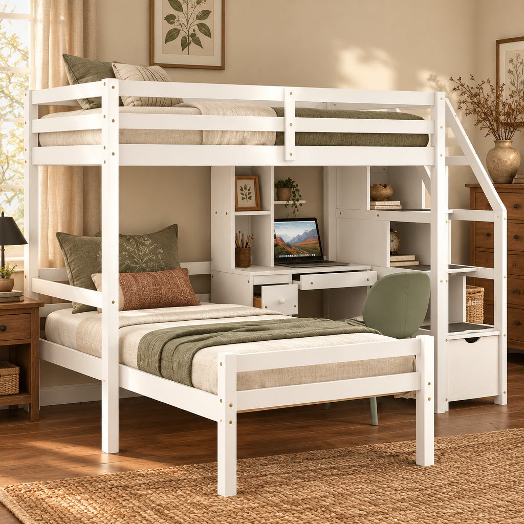 Loft Bed with a Stand-Alone Bed, Storage Staircase, Desk, Shelves and Drawers