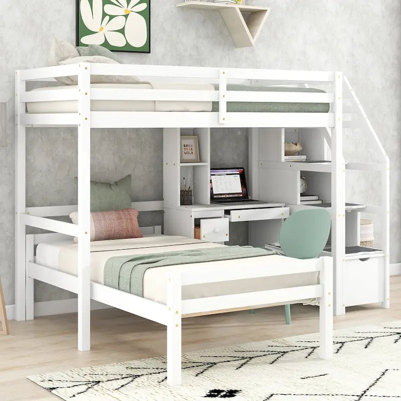 Hochbett mit freistehendem Bett, Stauraumtreppe, Schreibtisch, Regalen und Schubladen