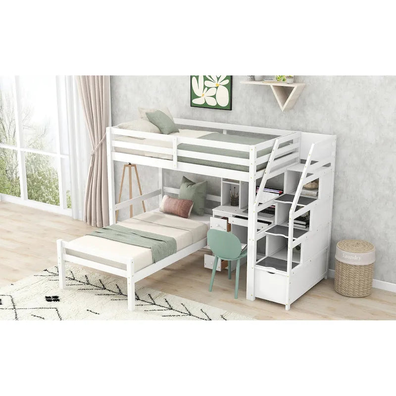 Hochbett mit freistehendem Bett, Stauraumtreppe, Schreibtisch, Regalen und Schubladen