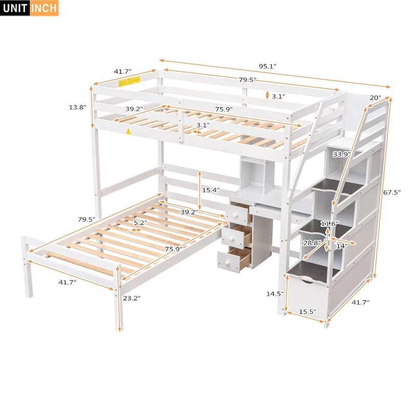 Hochbett mit freistehendem Bett, Stauraumtreppe, Schreibtisch, Regalen und Schubladen