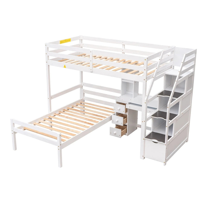 Hochbett mit freistehendem Bett, Stauraumtreppe, Schreibtisch, Regalen und Schubladen