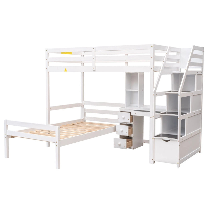 Hochbett mit freistehendem Bett, Stauraumtreppe, Schreibtisch, Regalen und Schubladen