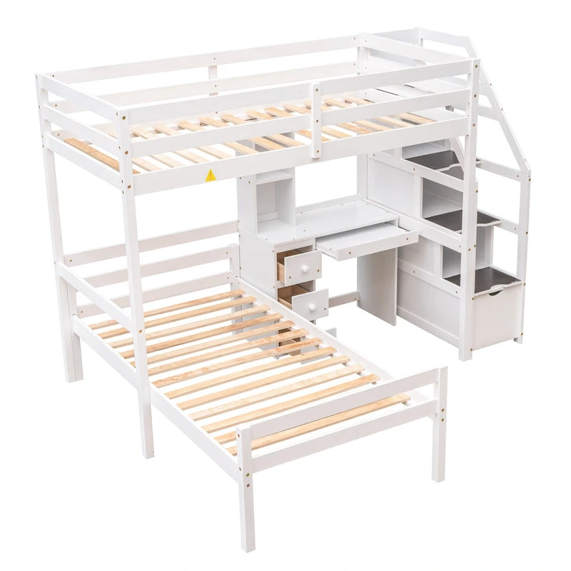 Hochbett mit freistehendem Bett, Stauraumtreppe, Schreibtisch, Regalen und Schubladen
