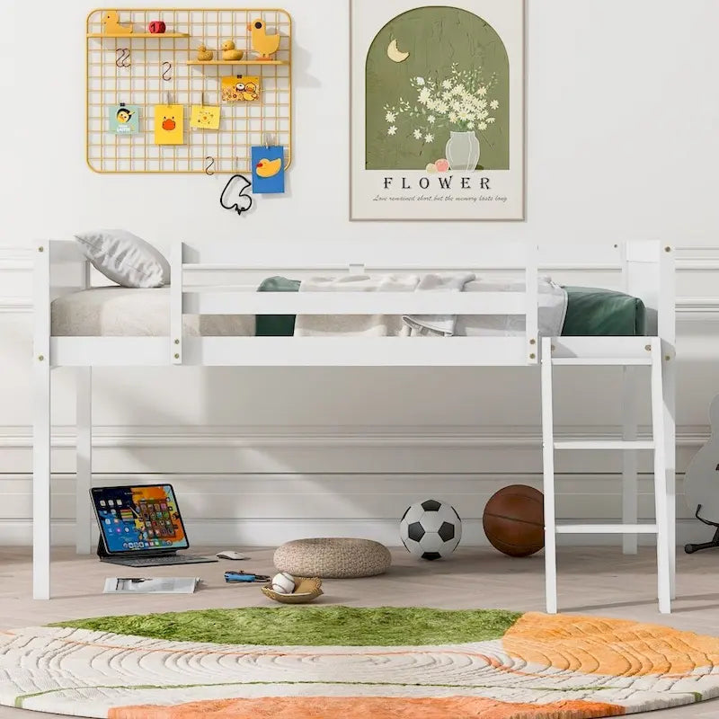Full Size Wood Low Loft Bed with Ladder