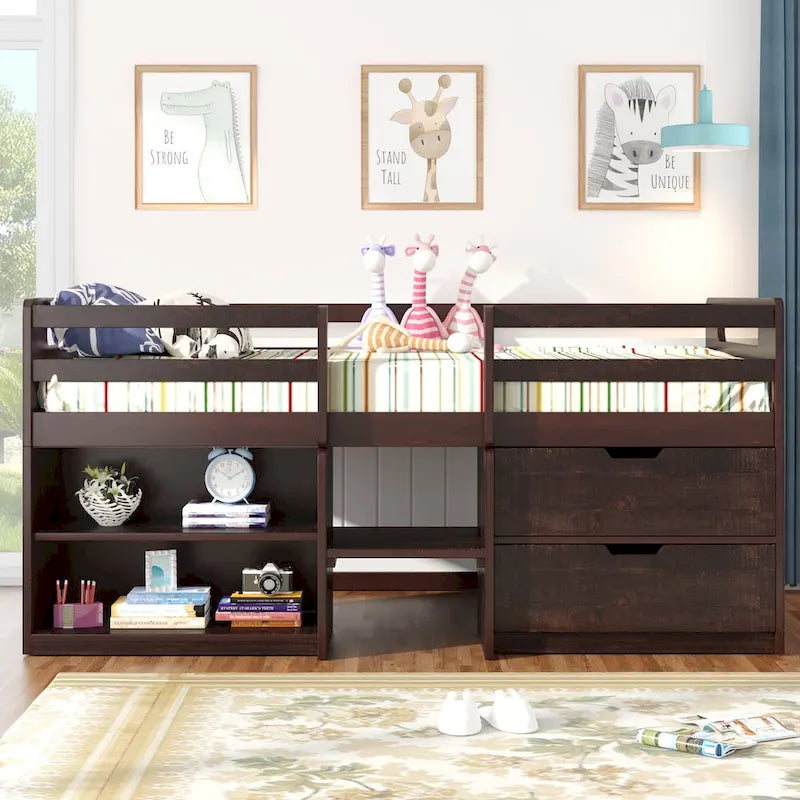 Loft Bed with 2 Shelves and 2 Drawers
