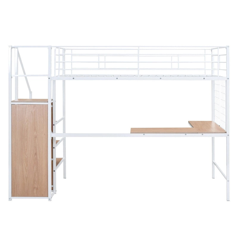 Twin Size Metal Loft Bed with Desk and Metal Grid, Stylish Metal Frame Bed with Lateral Storage Ladder and Wardrobe