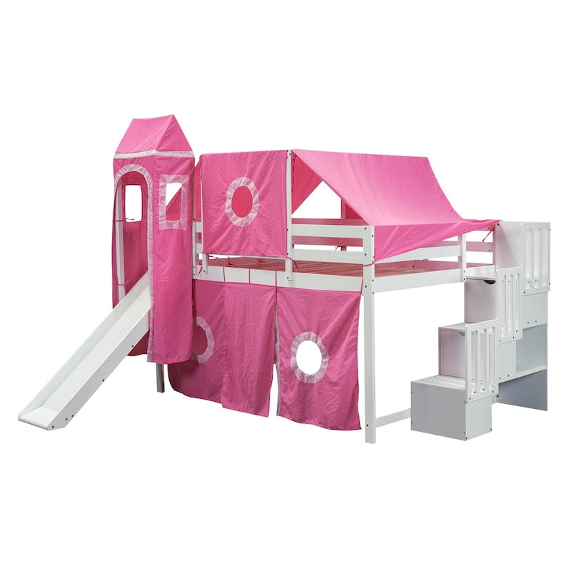 Pink Castle style Loft Bed with Storage Staircase and Slide
