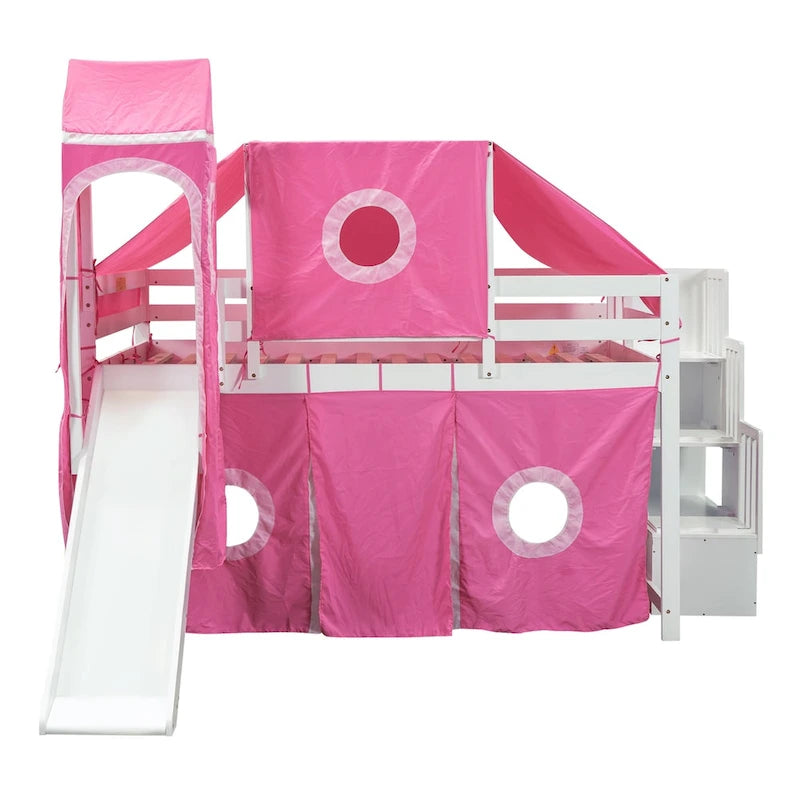 Pink Castle style Loft Bed with Storage Staircase and Slide