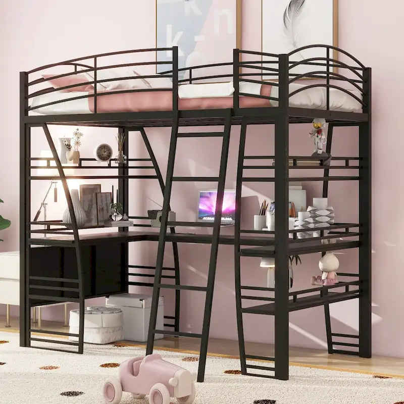 Hochbett für zwei Personen mit 4 Regalböden und L-förmigem Schreibtisch, mit Steckdosen, USB-Anschlüssen und kabellosem Laden