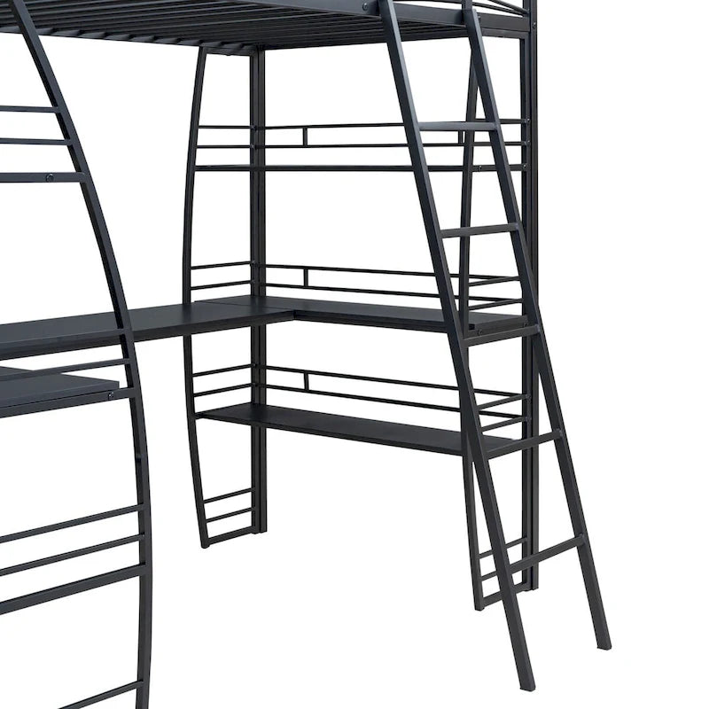 Hochbett für zwei Personen mit 4 Regalböden und L-förmigem Schreibtisch, mit Steckdosen, USB-Anschlüssen und kabellosem Laden