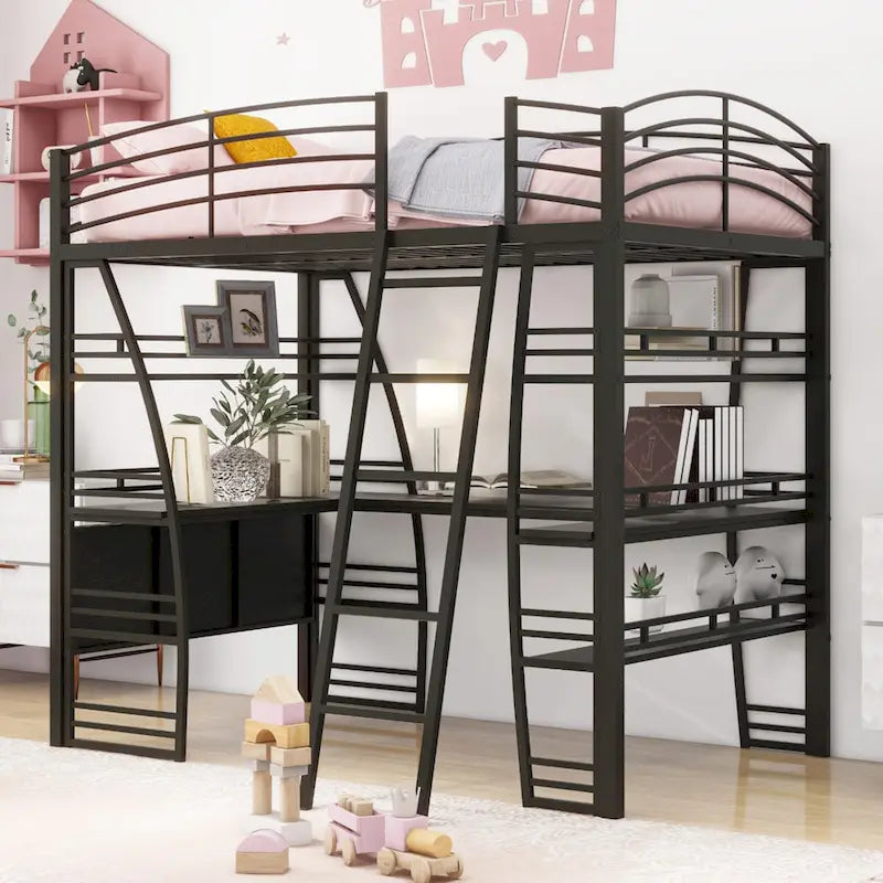 Hochbett für zwei Personen mit 4 Regalböden und L-förmigem Schreibtisch, mit Steckdosen, USB-Anschlüssen und kabellosem Laden