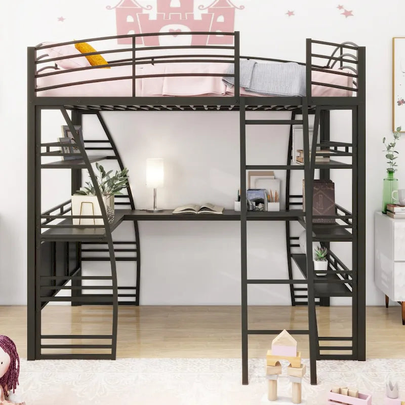 Hochbett für zwei Personen mit 4 Regalböden und L-förmigem Schreibtisch, mit Steckdosen, USB-Anschlüssen und kabellosem Laden
