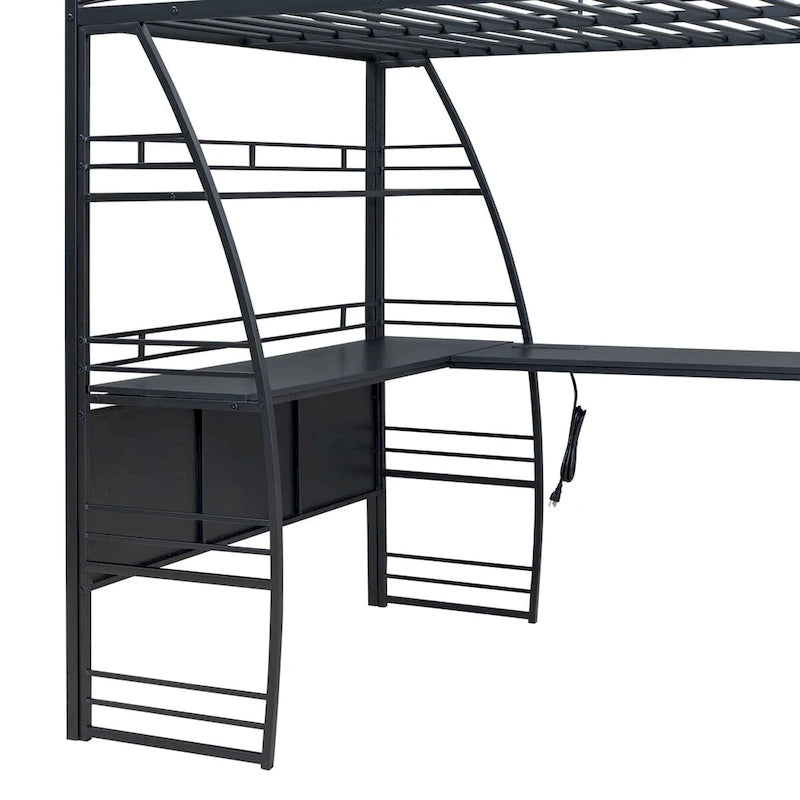 Hochbett für zwei Personen mit 4 Regalböden und L-förmigem Schreibtisch, mit Steckdosen, USB-Anschlüssen und kabellosem Laden