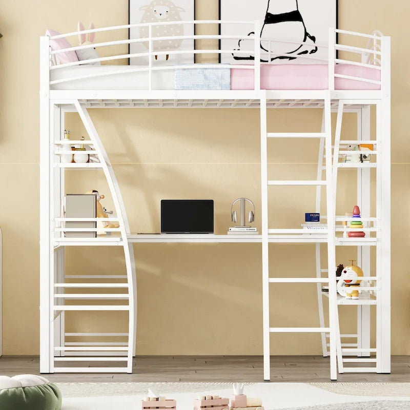 Hochbett für zwei Personen mit 4 Regalböden und L-förmigem Schreibtisch, mit Steckdosen, USB-Anschlüssen und kabellosem Laden