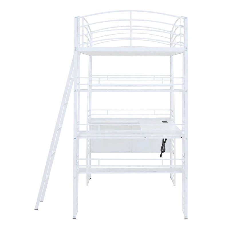 Hochbett für zwei Personen mit 4 Regalböden und L-förmigem Schreibtisch, mit Steckdosen, USB-Anschlüssen und kabellosem Laden