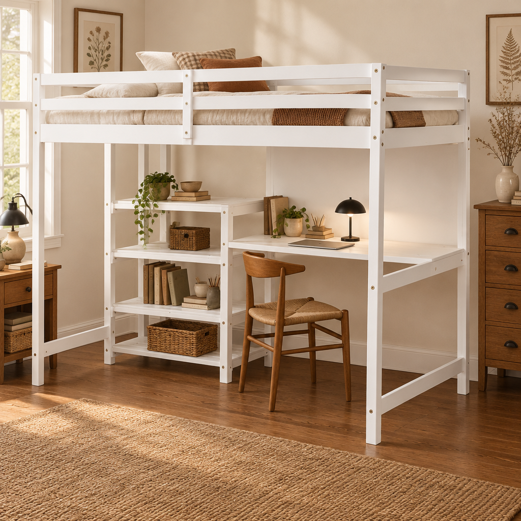 White Wooden Loft Bed with 3-Layer Shelves, Desk, and Writing Board, Full-Length Guardrail